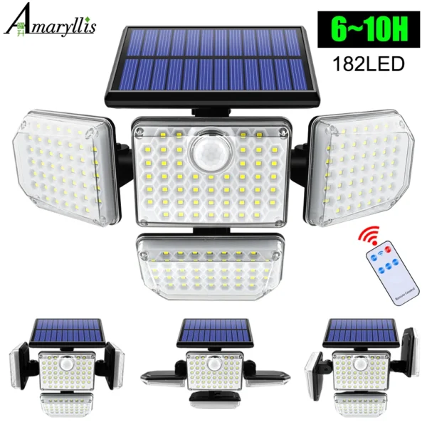 Solar Outdoor Light 182/112 LED Solar Security Flood Lighting with 3 Modes Adjustable Lighting Head for Garage Garden Yard